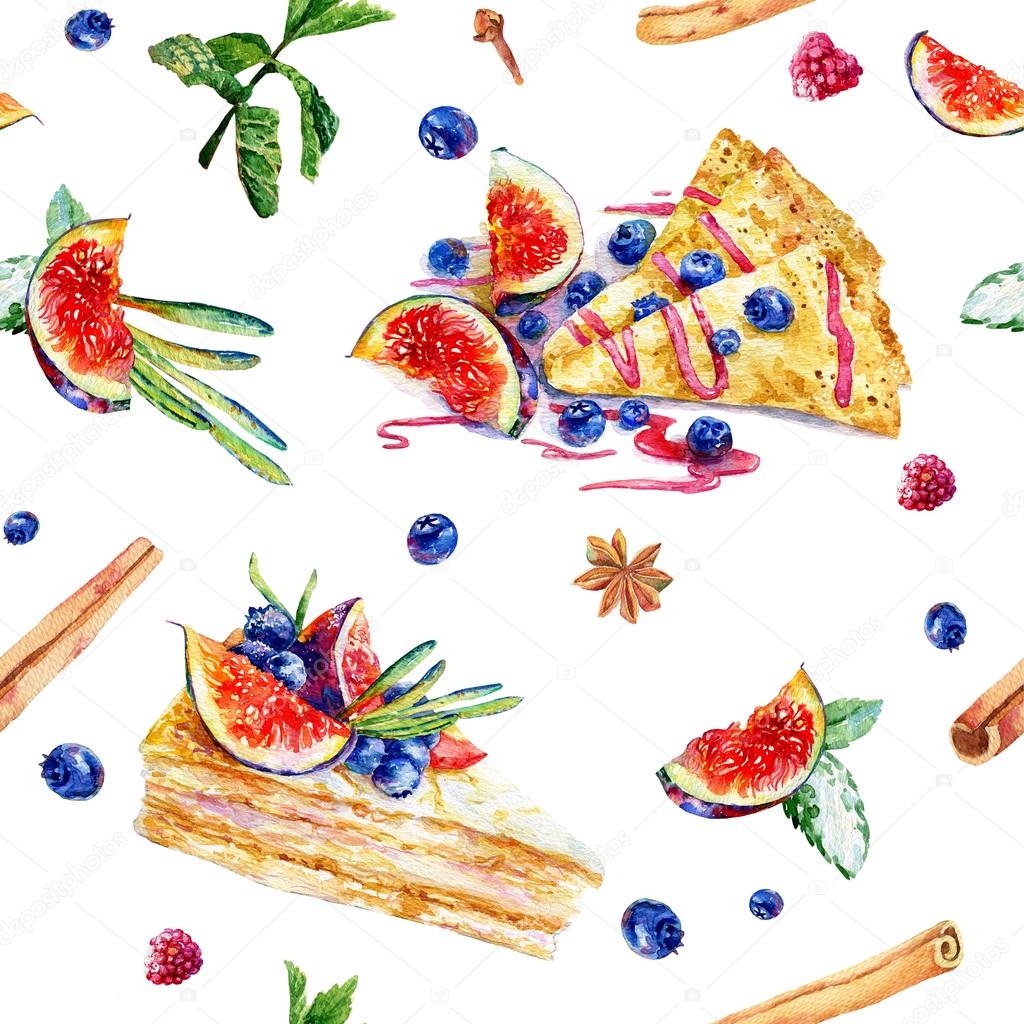 Seamless pattern with watercolor pastries and sweets.