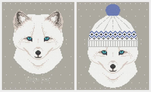 Vector illustrations of polar fox in a knitted hat. — Stock Vector