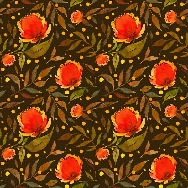 茶色の背景に赤の水彩花のシームレス パターン — ストック写真