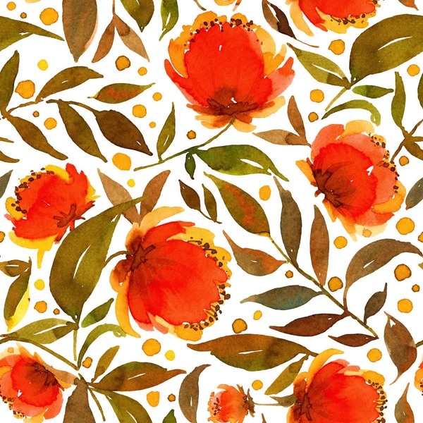 水彩のマスタードの葉と赤い花のシームレス パターン. — ストック写真