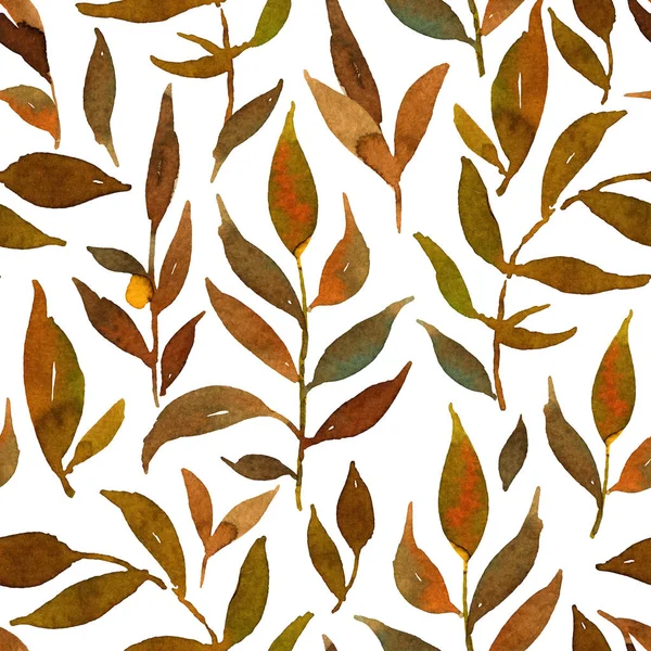 水彩マスタードとシームレスなパターンの白 backgro の葉します。 — ストック写真