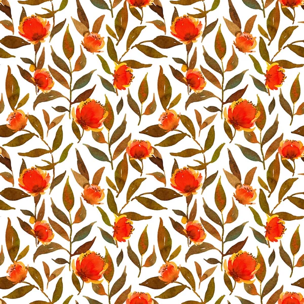 Nahtloses Muster mit Aquarell-Senfblättern und roten Blüten. — Stockfoto