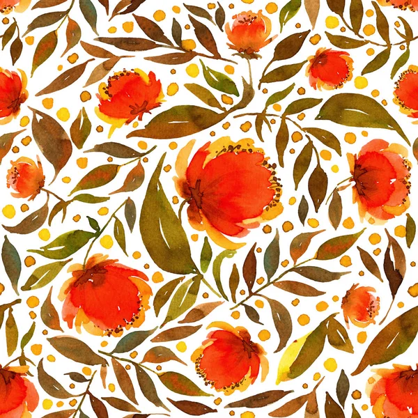 Seamless pattern with watercolor leaves and red, orange flowers. — Stock Photo, Image