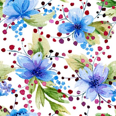 Suluboya yaprakları ve mavi çiçekler ile Seamless Modeli.