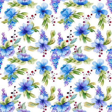 Suluboya yaprakları ve mavi çiçekler ile Seamless Modeli.