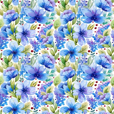 Suluboya yaprakları ve mavi çiçekler ile Seamless Modeli.