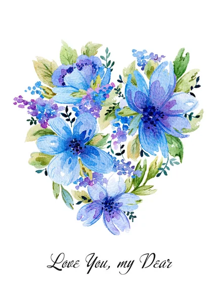 Illustration aquarelle avec coeur floral bleu . — Photo