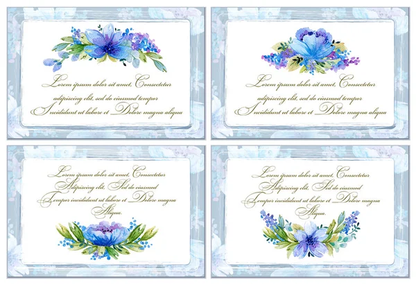 Kartenset für Ihren Entwurf mit blauen Aquarellblumen. — Stockfoto