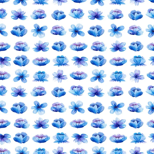 Seamless pattern with watercolor leaves and blue flowers. — Stock Photo, Image