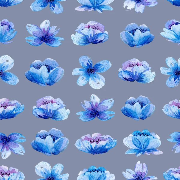 Modello senza cuciture con foglie acquerello e fiori blu . — Foto Stock