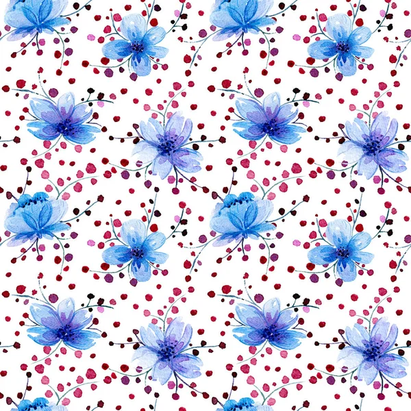 Suluboya yaprakları ve mavi çiçekler ile Seamless Modeli. — Stok fotoğraf