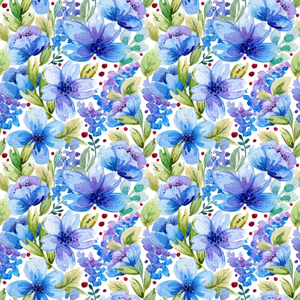 Suluboya yaprakları ve mavi çiçekler ile Seamless Modeli.