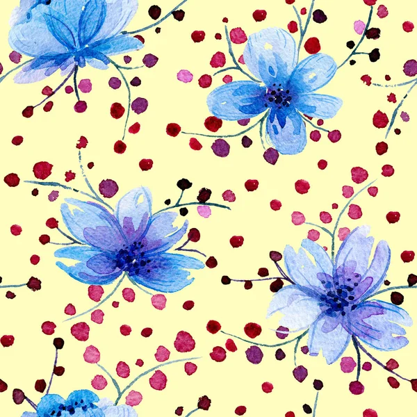 Padrão sem costura com folhas de aquarela e flores azuis . — Fotografia de Stock