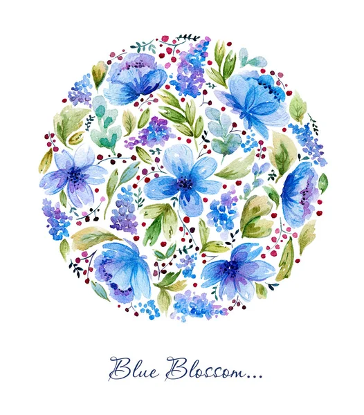 Watercolor illustration with blue floral circle. — Stock Photo, Image