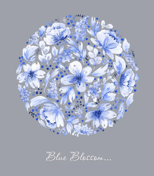 Watercolor illustration with blue floral circle. — Stock Photo, Image