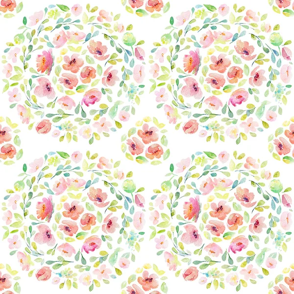 Nahtloses Muster mit rosa Blüten und Blättern. — Stockfoto