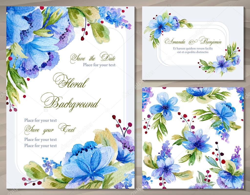 Watercolor set of backgrounds and seamless pattern with floral e