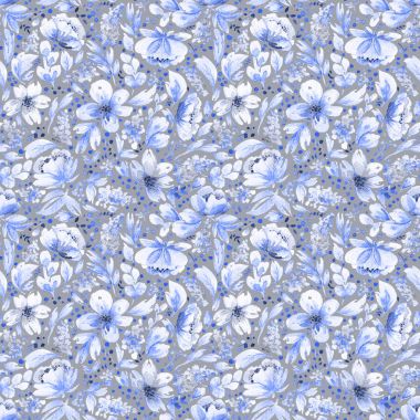 Suluboya yaprakları ve mavi çiçekler ile Seamless Modeli.