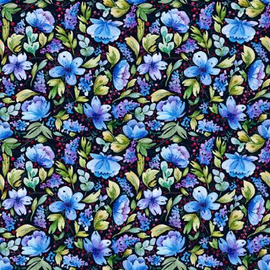 Suluboya yaprakları ve mavi çiçekler ile Seamless Modeli.