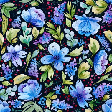 Seamless pattern with watercolor leaves and blue flowers. clipart