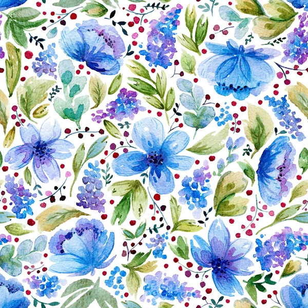 Seamless pattern with watercolor leaves and blue flowers. — Stock Photo, Image
