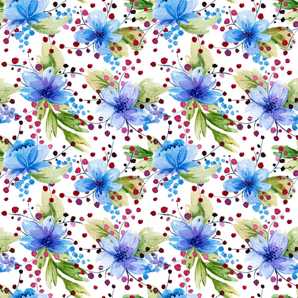 Seamless pattern with watercolor leaves and blue flowers. — Stock Photo, Image