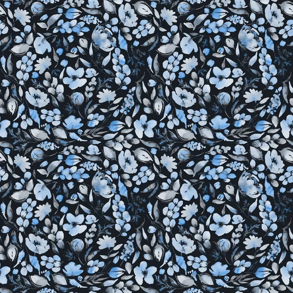 水彩の葉と青い花のシームレス パターン. — ストック写真