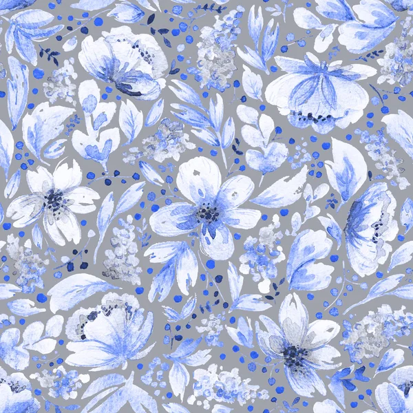 Seamless pattern with watercolor leaves and blue flowers. — Stock Photo, Image