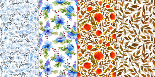 Комплект с четырьмя акварельными цветочными узорами
. 