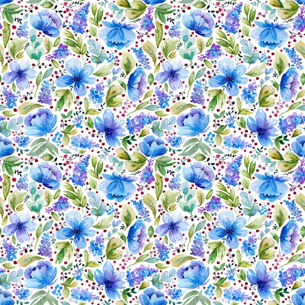 Seamless pattern with watercolor leaves and blue flowers. — Stock Photo, Image