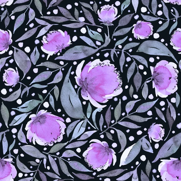 Nahtloses Muster mit Aquarellblättern und lila Blüten. — Stockfoto