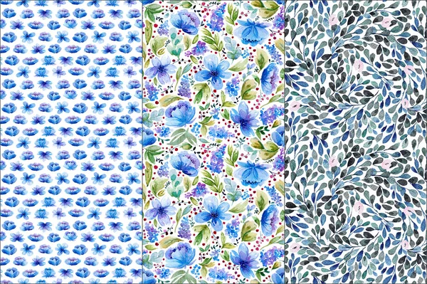Conjunto com quatro padrões sem costura florais aquarela . — Fotografia de Stock