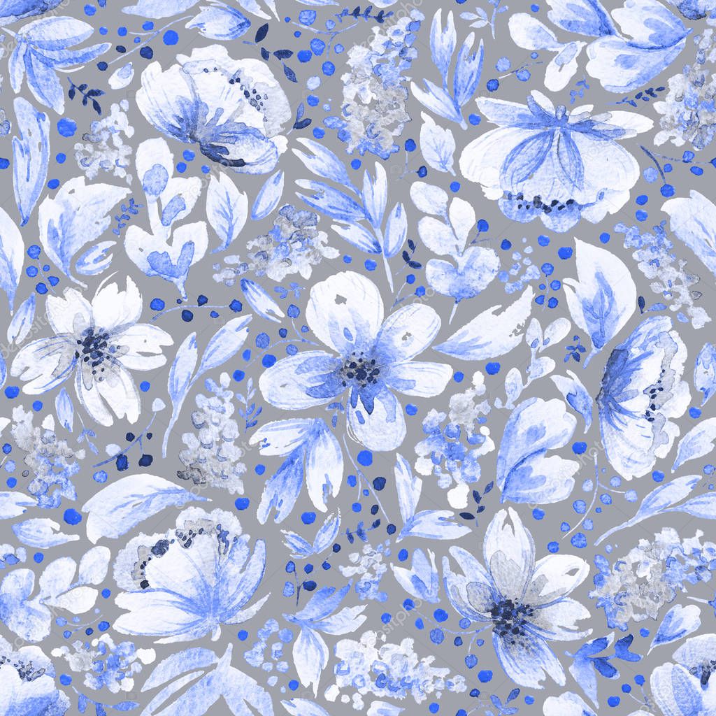 Seamless pattern with watercolor leaves and blue flowers.