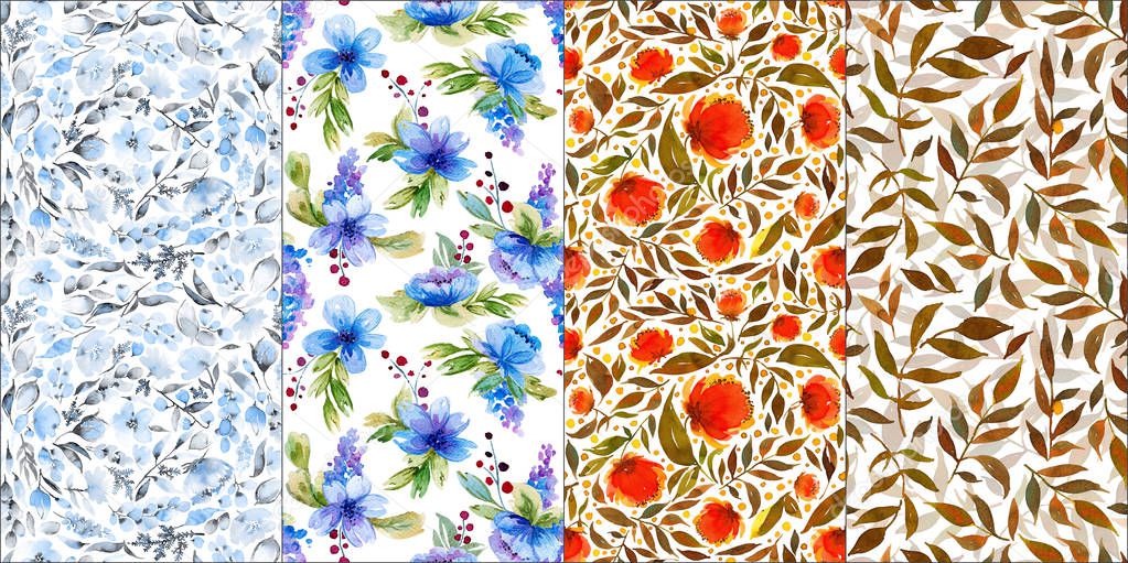 Set with four watercolor floral seamless patterns. 