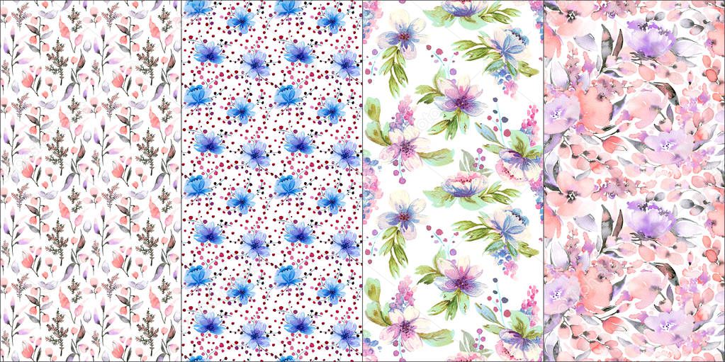 Set with four watercolor floral seamless patterns. 