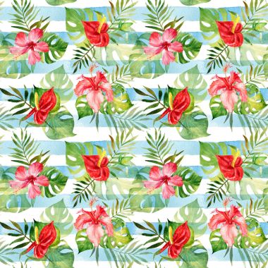 Suluboya tropik çiçekler ve yapraklar ile Seamless Modeli 