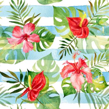 Seamless pattern with watercolor tropical flowers and leaves on  clipart