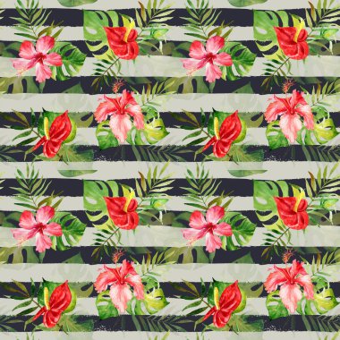 Suluboya tropik çiçekler ve yapraklar ile Seamless Modeli 