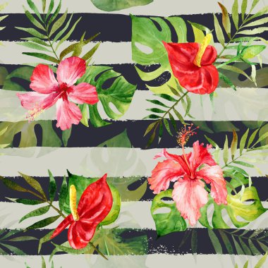 Suluboya tropik çiçekler ve yapraklar ile Seamless Modeli 