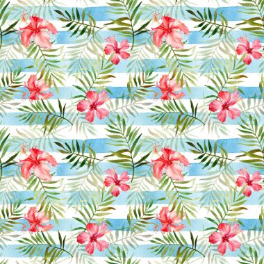 Suluboya tropik çiçekler ve yapraklar ile Seamless Modeli 