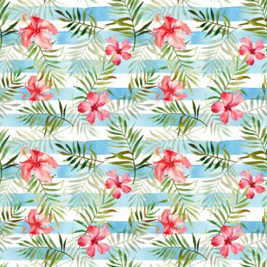 Seamless pattern with watercolor tropical flowers and leaves on  clipart