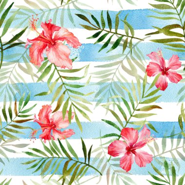Suluboya tropik çiçekler ve yapraklar ile Seamless Modeli 