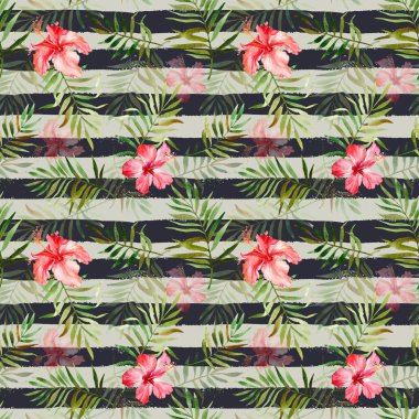 Suluboya tropik çiçekler ve yapraklar ile Seamless Modeli 
