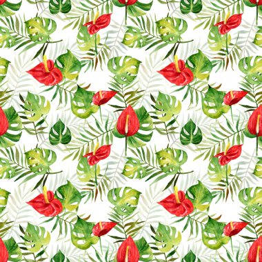 Suluboya tropikal çiçek ve yaprakları ile Seamless Modeli.