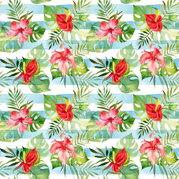 Varrat nélküli mintát akvarell trópusi virágok és levelek-a — Stock Fotó