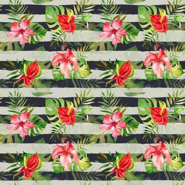 Suluboya tropik çiçekler ve yapraklar ile Seamless Modeli 