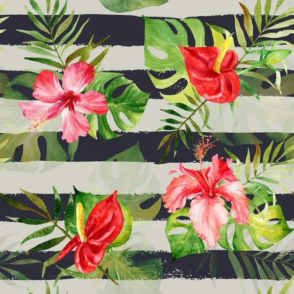 Suluboya tropik çiçekler ve yapraklar ile Seamless Modeli 