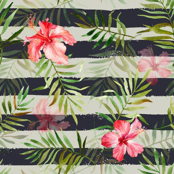 Suluboya tropik çiçekler ve yapraklar ile Seamless Modeli 