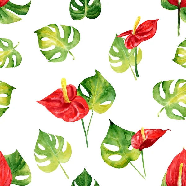 Suluboya tropikal çiçek ve yaprakları ile Seamless Modeli.