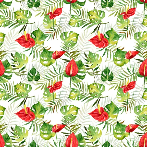 Suluboya tropikal çiçek ve yaprakları ile Seamless Modeli.